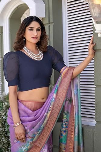Amazon Brand - Anarva Round Neck Lycra Stretchable Puffed Elbow Sleeve Readymade Saree Blouse for Women Stylish(formi-oxford-blue-blouse-2xl) 3