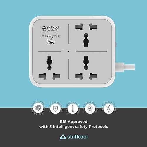 Stuffcool ChargeCube 30 Mini Extension Board with Surge Protector, 3 AC Sockets and 30W Dual Type-C PD/PPS Output for Super Fast Charging – Charges Samsung Phones, iPhones 50% in 30 Mins, MacBook Air 4