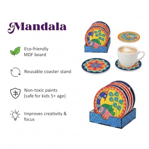HOBBY INDIA Mandala Art Kit for Adults and Kids | DIY Tea Coaster Set of 6 with Painting Kit | Unique Art and Craft Kit Gift | Perfect Tea Coaster for Office Desk, Dining Table Kitchen Decoration 5