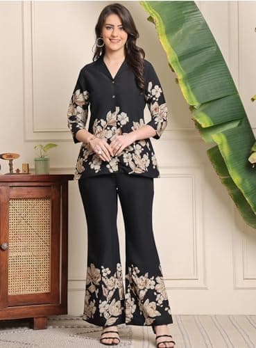 F2G Enterprise Women Co-Ord Set Women 2 Pic Stylish Women's Button Down Cotton Blend Printed Kurta Set, Kurta-Set for Woman – Viscose Rayon Kurta & Plazoo Pant (in, Alpha, XL, Regular, Black) 5