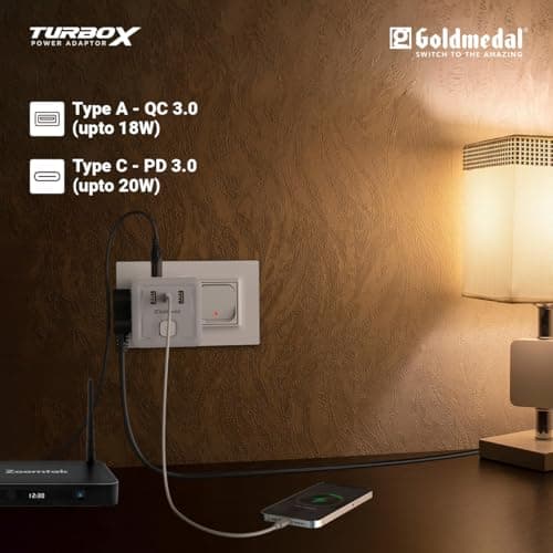 Goldmedal TurboX All-in-One Charging Power Adaptor with Master Switch - White, Pack of 1, Four International sockets with Two USB-A Ports, USB C-Port for Rapid Charging 2