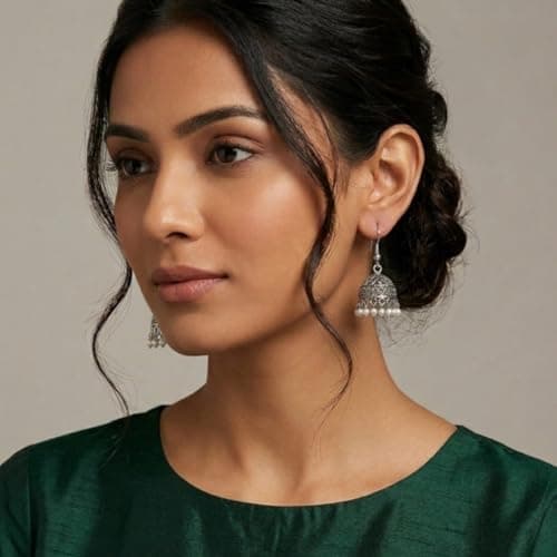 ACCESSHER Women's & Girls Traditional Oxidised Afghan Silver-Plated Jhumka Earrings Lightweight Small Size Jhumki Pearl Drops Earrings Boho Style Jewellery For Wedding 3