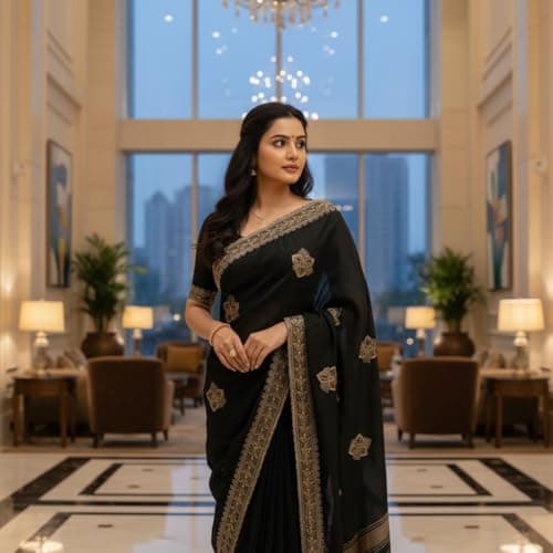 WEALTHY WOMEN Elegant Black Saree with Gold Embroidery, Traditional Indian Ethnic Wear, Formal Occasion Dress, Embellished Border Design (black) 3