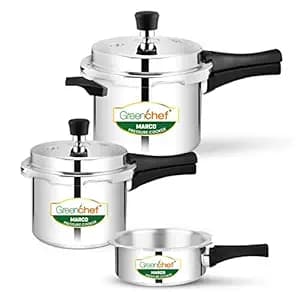 Greenchef Marco Aluminium pressure cooker combo(5ltrs + 3ltrs + 2ltrs pan) Induction compatible - ISI Certified