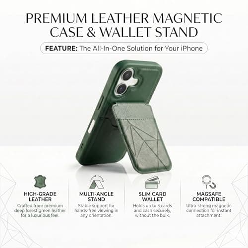 amazon basics Premium Vegan Leather Back Cover with Card Holder and Integrated Mobile Stand for iPhone 17 – Slim Shockproof Wallet Case with Geometric Stitching [Green] 5