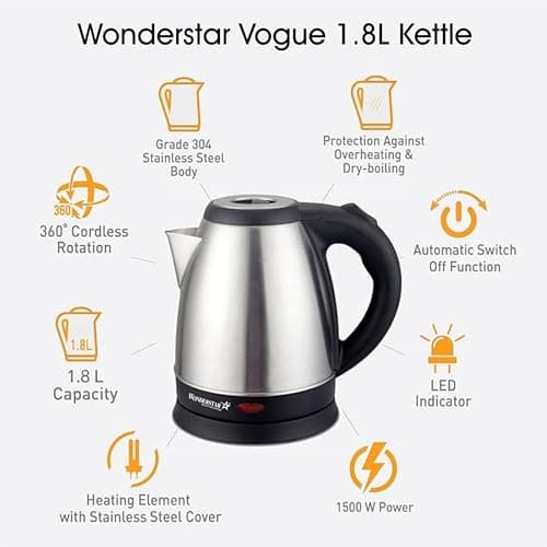 wonder star Electric Kettle, 1.8 Litre, Stainless Steel, Cordless Design, Black Handle 2