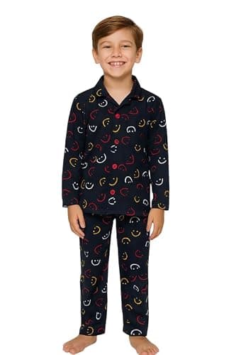 3BROS Kid's Pure Cotton Full Sleeves Night Suit/Dress for Boys/Girls Full Pajama & Top Sleep Suit Combo Set |Navy Blue 2 | 7-8 Years | Pack of 1