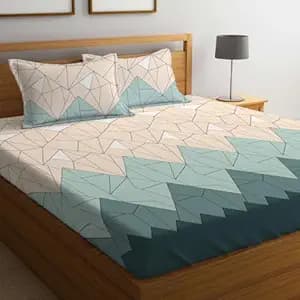 LOOMLYFE 300 TC Cotton Feel Glace Cotton Elastic Fitted Printed Queen Size Double Bed Bedsheet with 2 Pillow Covers Fits Upto 8 inches,Size- 60x78x10 Inches, BeigeGreenTri