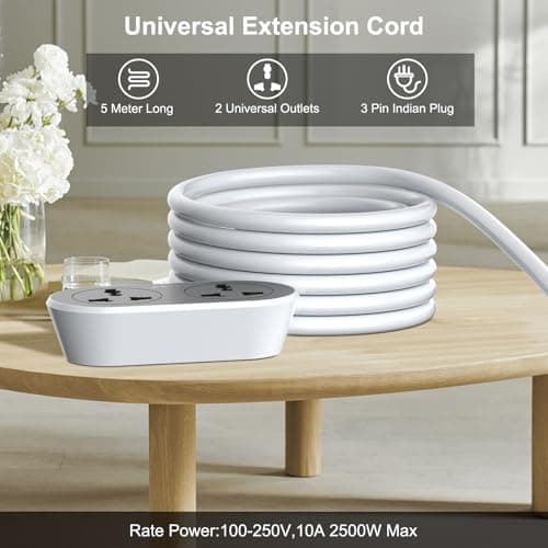 Hoteon Extension Board 5 Meter, 2500W 10A Extension Cord, Heavy Duty Long Wire Extension, 2 Universal Outlets Extension Cable, 3 Pins Power Cord Extension, Expandable Power Strip for Home Office 2