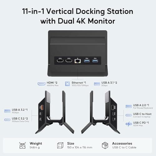 PULWTOP USB C Laptop Docking Station Dual Monitor, 11 in 1 Vertical Dock with 2 HDMI 4K, 3 USB A/C 10Gbps, 2USB-A 5Gbps, USB A 2.0, Ethernet, Docking Station Stand for Type-C Laptops (Black) 2