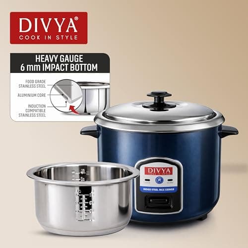 DIVYA Stainless Steel 1.8 L Electric Rice Cooker for Home | Indigo Steel Body | 700 W Efficient Heating | Cook & Keep Warm Function | Detachable Power Cord | Family Size Rice Cooker 4