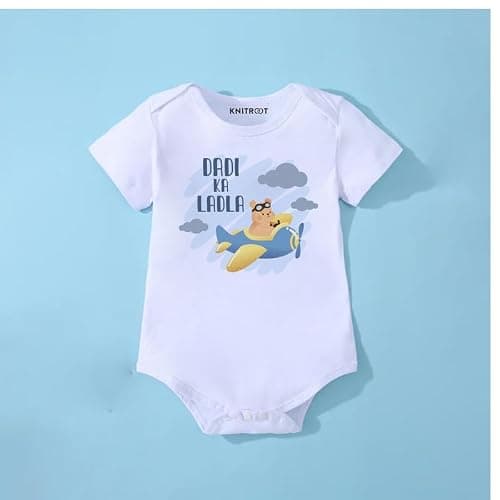 KNITROOT Dada Dadi Family Special Onesies, Unisex Baby Kids Cotton Lycra Envelope Neck Half Sleeve White Romper, Bodysuit, Sleepsuit, Dadi Ka Ladla, 0-3 Months, Infant Cloths for Boys & Girls 3