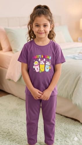 TVESA Kids Girls Cotton Blend Printed Nightsuit Set | Round Neck Short Sleeve T-Shirt and Pajama Set | Regular Fit Loungewear/Sleepwear Sleepsuit for Baby Girls (Purple, 6-7 Year) 2