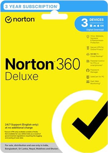 Norton 360 Deluxe |3 Users 3 Years |Includes Advanced AI Scam Protection, Total Security for PC, Mac, Android or iOS | Additionally Includes Password Manager, PC Cloud Back Up, Safe Cam for PC