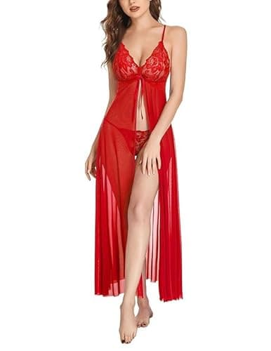 LOURYN KOULYN ® Women Lingerie Lace Babydoll High Split Maxi Long Gown Maternity Dress Night Wear Sleep Wear Nighty For Honeymoon (Free Size, Red)