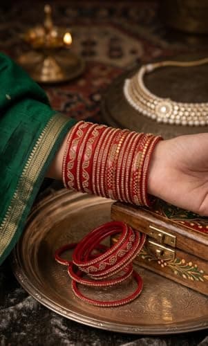 VA GLOBAL Traditional Red Bridal Lac Bangles Set for Women Designer Stone Work Chudi Kada Set Ethnic Wedding Festive Jewelry Glass Look Bangles (One Size, 2.8, Centimeters) 3