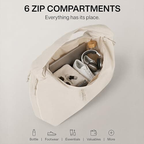 NYAF Multipurpose Travel & Gym Tote Bag for Women & Men | Large Polyester Shoulder Duffel for Pilates, Yoga, Pickleball, Sports, Office & Daily Use | Multi Pocket Zipper Bag (BEIGE) 3