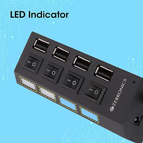 ZEBRONICS 150Hb 4 Port USB Hub with Dedicated On/Off Switch, Led Indicators, 45Cm Cable Length, Optional Power Input Port, Multi Device and Plug Play Usage 4
