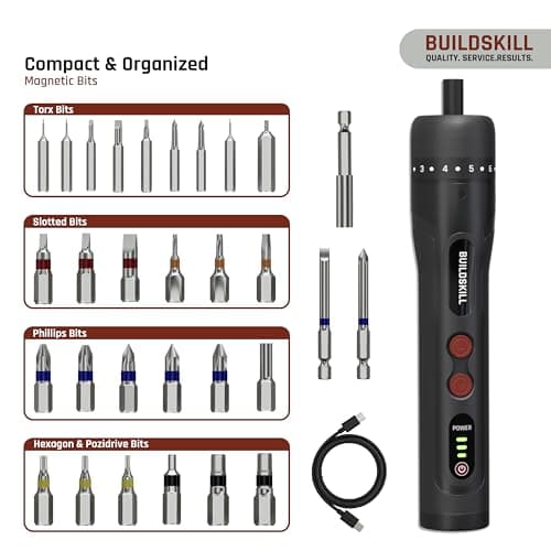 BUILDSKILL 8V cordless screwdriver set - 31 pieces | S2 & CR-V magnetic bits & chuck | forward & reverse function | 1600mAH battery | USB C type charging cable - ideal for DIY & professional use 3