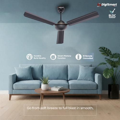 DIGISMART Storm 1200 MM BLDC Ceiling Fan with Remote, 28W Energy Efficient, 225 CMM Air Delivery, 65% Power Saving, Low Noise, Reverse Mode, Smart Memory, 3 Blade, 5 Year Warranty, Smoke Brown 3