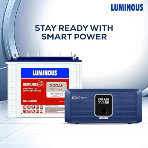 Luminous Inverter & Battery Combo with Trolley for Home, Shop & Office – Zolt 1100 (900VA/12V) Pure Sine Wave Inverter + RC25000 200Ah Tall Tubular Battery | 36M Warranty on Inverter & Battery 2
