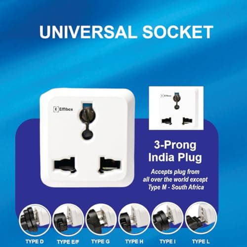 Embox 2 Pin Multi Plug Socket Type D Universal Adapter Compatible with US, UK, China Compact Plug Extension Socket and Converter for Computer Laptop Phone Camera, 6A Pack of 1 4