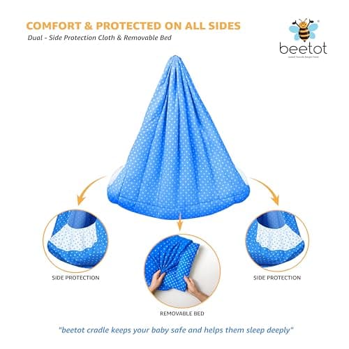 beetot Baby Set | Pure Cotton Cloth, Removable Pad, Mosquito Net, Spring, Triangle, Window Hanger | FS-Stripe (Dark Blue) 5