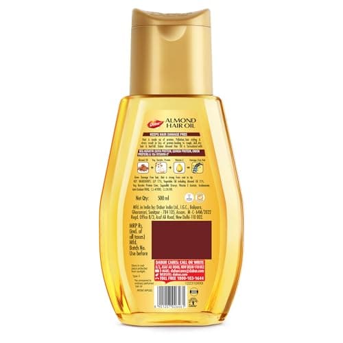 Dabur Almond Hair Oil - 500ml | Provides Damage Protection | Non Sticky Formula | For Soft & Shiny Hair | With Almonds, Keratin Protein, Soya Protein & 10X Vitamin E 2