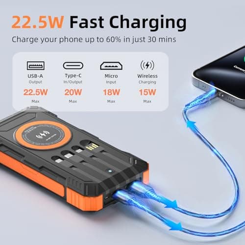 YOLOSKS Solar Charger Power Bank 49800mAh Wireless Portable Phone Charger, 22.5W QC3.0 Fast Charging Built in 4 Cables with USB C 6 Outputs & 2 Inputs for All Cell Phone 2