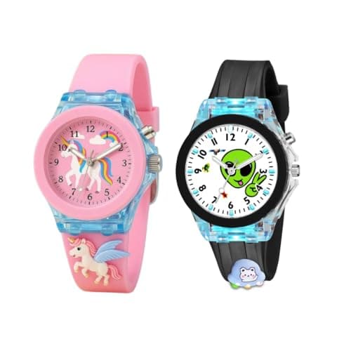 SELLORIA Kids Analog Watches, Pink and Blue Silicone Strap, Pack of 2 (Pink,Black)