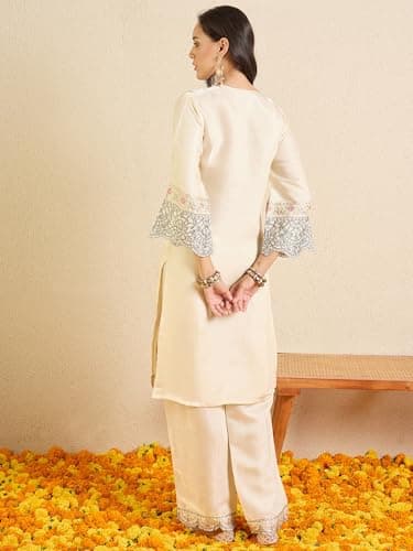 INDO ERA Women's Silk Blend Ethnic Motifs Embroidered Straight Knee Length Kurta & Palazzo Set (Cream_IESTR113_XX-Large) 3