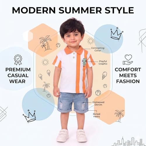 Krishn Creations Kids Clothes for Boys | Printed Cotton Half Sleeve Tshirt and Denim Shorts | Baby Boy Dress (Orange, 2-3 year) 3