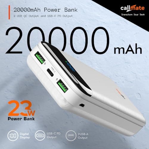 CALLMATE Chargemaster 200 Fast Charing 20000mAh Power Bank, 23W (2X QC3.0 USB Output & Type C PD), Power Delivery, Quick Charge for iPhone, Android & Other Devices (Lithium Polymer) (White) 2