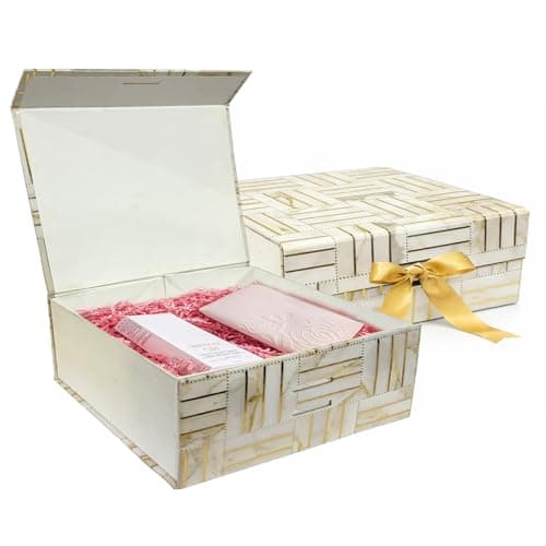 Aakriti Marble Gold Foil Gift Box Medium | 26 x 26 x 10 cm Hamper Box for Gifts, Chocolates & Jewellery Empty Gift Box with Satin Ribbon | Holds Up to 8 kg | Floral White Gold (1 Pack) (1 Pack) 5