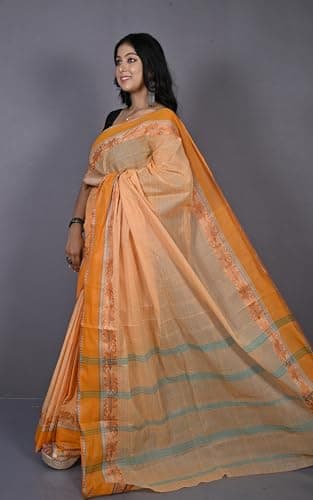 Bengal Looms India -Designer Bengal Tangail Self Nakshi Katha Thread Work Cotton Saree - Ethnic Wear for Wedding, Festive & Party Occasions (Cantaloupe, Brown and Sea Green) 3