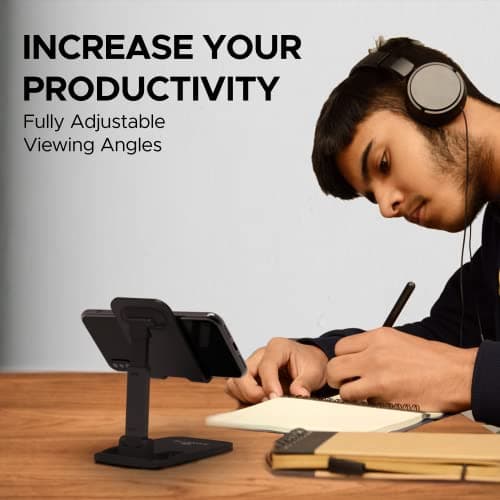 Amkette Ergo Desk Phone Holder, Foldable Mobile Stand with Height Adjustable Design and Anti-Slip Silicone Grips for Office and Home use, Compatible with Smartphones and Tablets (Black) 4