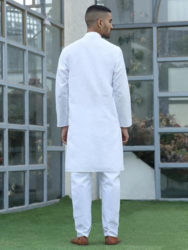 KRAFT INDIA Men's Cotton Kurta Pyjama Set | Woven Design Traditional Ethnic Wear | Festive, Wedding & Casual Outfit | Comfortable & Breathable Fabric (White, X-Large) 2
