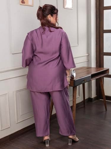 TITTLI Rose Colour Rayon Co-Ord Set | Plus Size Mandarin Collar Tunic with Three-Quarter Sleeves & Elastic Waist Trousers for Women | Casual Outfit (Rose, 5XL) 3