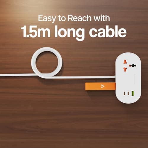 Ambrane Foldable Extension Board, 2 Type C & USB, Perfect for Office, Kitchen, Travels, Charge 4 Devices, Compact Size, AC Socket 2500W, 20W Fast Type C Charging, 1.5m Long Cable (Smartstrip 3 Black) 5