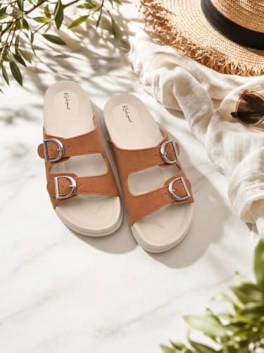 ReRoot Women's Double Strap Buckle Slider Sandals, Suede Upper & Lining, EVA Insole & Outsole, Adjustable Open Toe Slip-On Flat Slides Slippers for Ladies, Daily Wear Casual Comfort Footwear, Home Use 5