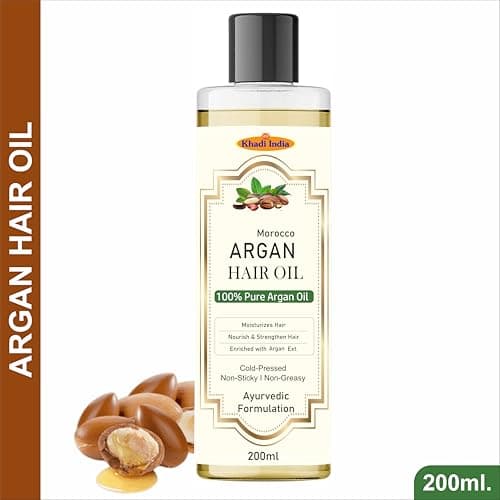 Khadi Herbal 100% Pure & Natural Argan Hair Oil, with the Goodness of Olive oil & Sunflower Oil, for Dry & Frizzy Hairs 200ml with khadi india logo 3