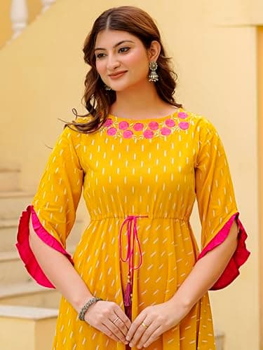 Yash Gallery Women’s Cotton Anarkali Kurta Dress | Mustard Yellow Ikat Print | Round Neck Floral Embroidery, 3/4 Ruffle Sleeves, Tie-Up Waist, Flared Maxi Length|Ethnic & Fusion Wear 4