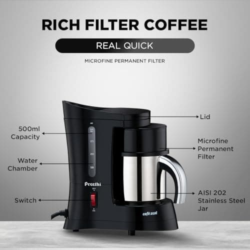 Preethi Cafe Zest Drip Coffee Maker| 450W Coffee Machine for Home | 500ml Capacity | Black (CM 210) 4