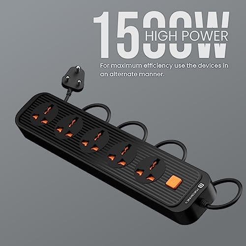 Portronics Power Plate 13 Multiplug Extension Board with 5 Power Sockets, 1500W, 2M Cord Length, Fire Proof Material, Short Circuit Protection(Black) 5