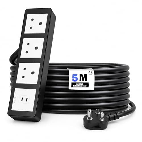 MX 65W Extension Board PD GaN Charger Super Fast Charging 2 Type-C, 3 Indian 6A Sockets (2600W) Multiport Desktop Power Strip for iPhone Android Laptop Tablet 50% in 30 mins 5M Cable