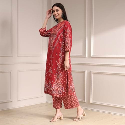 Biba Women Red Cotton Straight Printed Kurta Set_36 4
