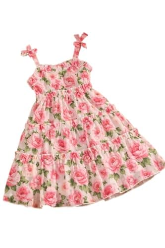 Buy & Try Girls Printed Georgette Frock, Sleeveless Summer Dress, Lightweight Knee Length Baby Girl Dress, Casual Outfit, Soft Comfortable Fabric, Stylish Kids Wear 1-2 Years (Rose)