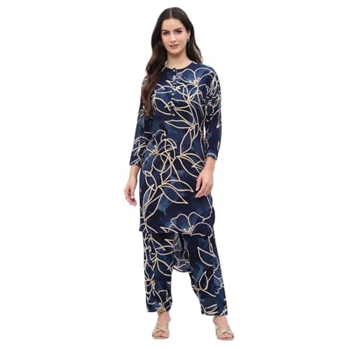 Rangriti Women's Navy Blue Floral Printed Straight Co-ord Set_36