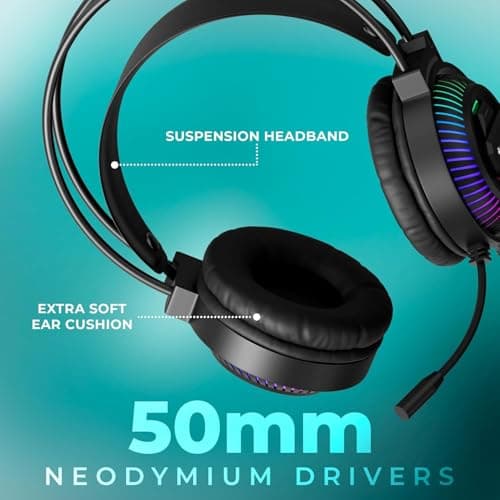ZEBRONICS Jupiter Gaming Over Ear Headphone, 50mm Neodymium Drivers, RGB Multicolor Lights, Suspension Headband, Braided Cable, with Mic 2