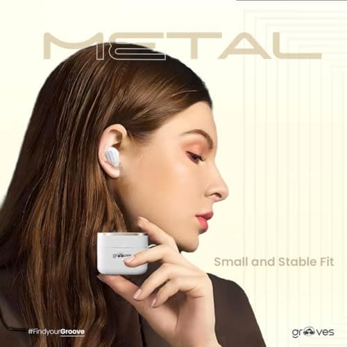 Grooves Metal True Luxury Bluetooth Headset, Matt Silicon Coating, Low Latency Gaming, 5.3v, IPX 5, 20 Min Super Fast Charging with Hybrid Noise Cancellation (White, True Wireless) 5